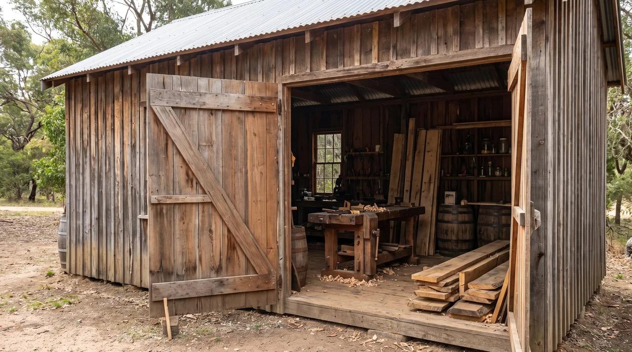 Rustic woodworking shed with open door, workbench, lumber, and barrels