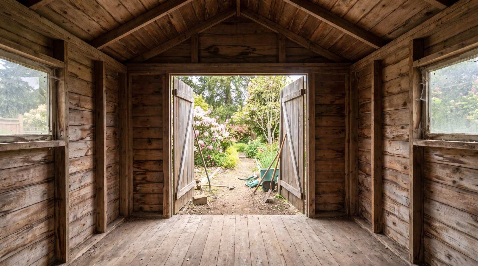 Empty wooden shed with open double doors, side windows, and gable roof