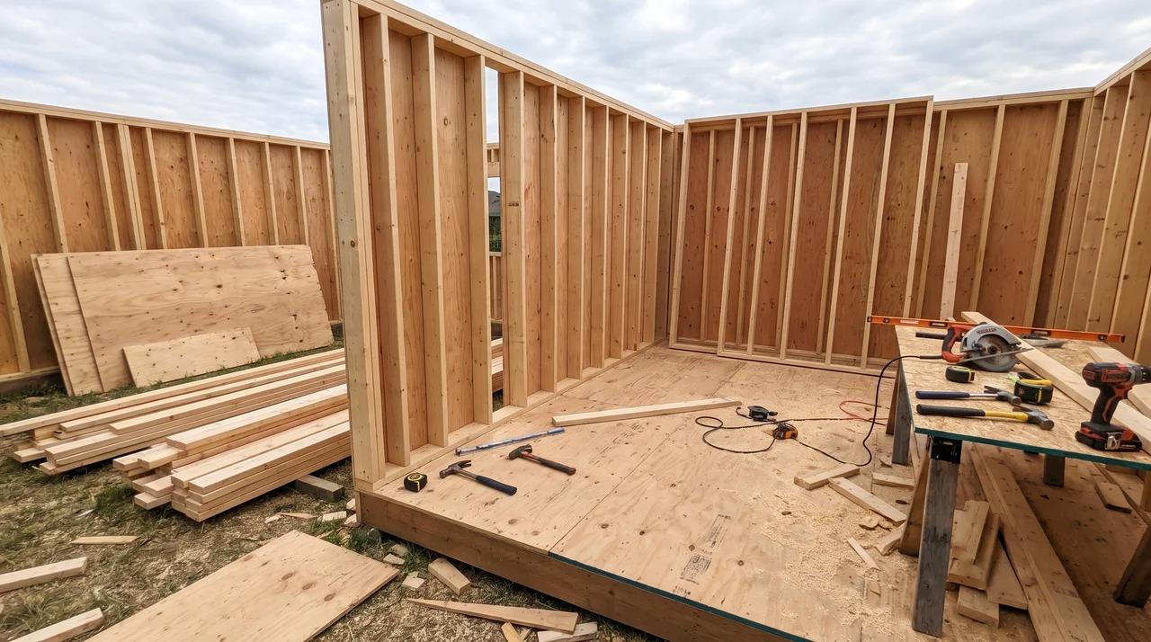 Framed shed walls with evenly spaced studs standing on a plywood deck