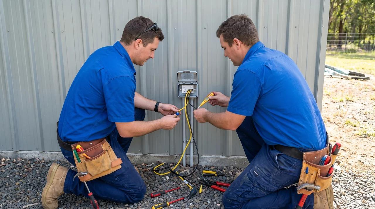 Two electricians wiring an outlet on a metal shed wall