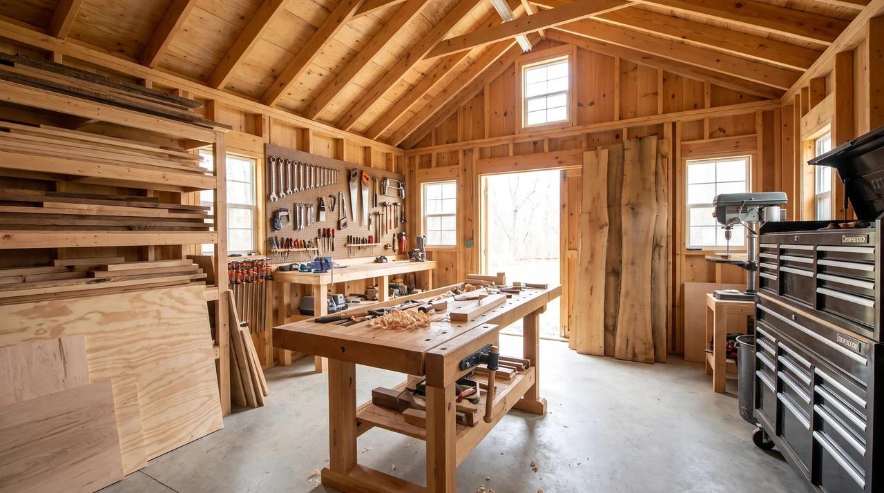 Woodworking shed with workbench, tools, material storage, and large boards