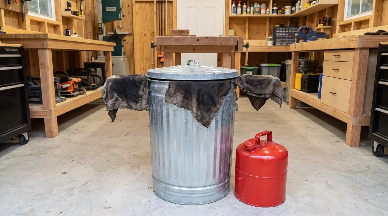 Oily rags draped flat over a metal trash can beside a water can