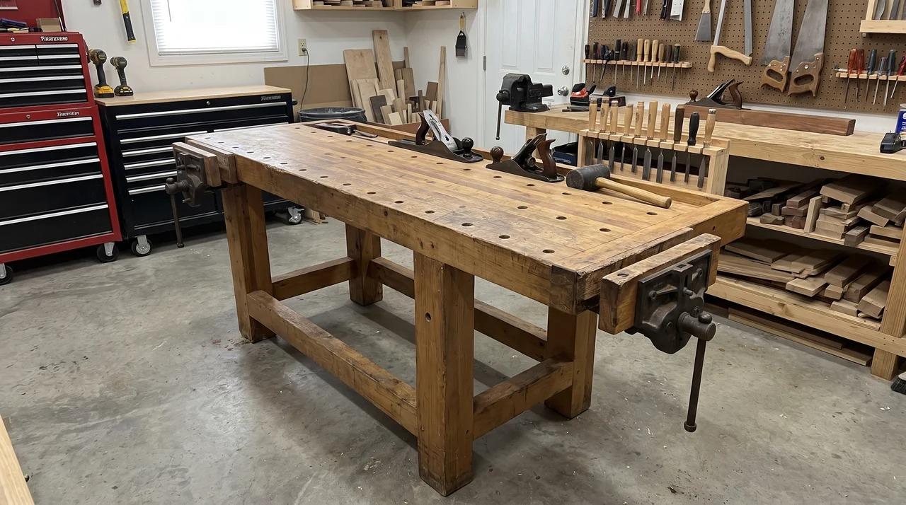 Freestanding wooden workbench with dog holes, vises, and hand tools
