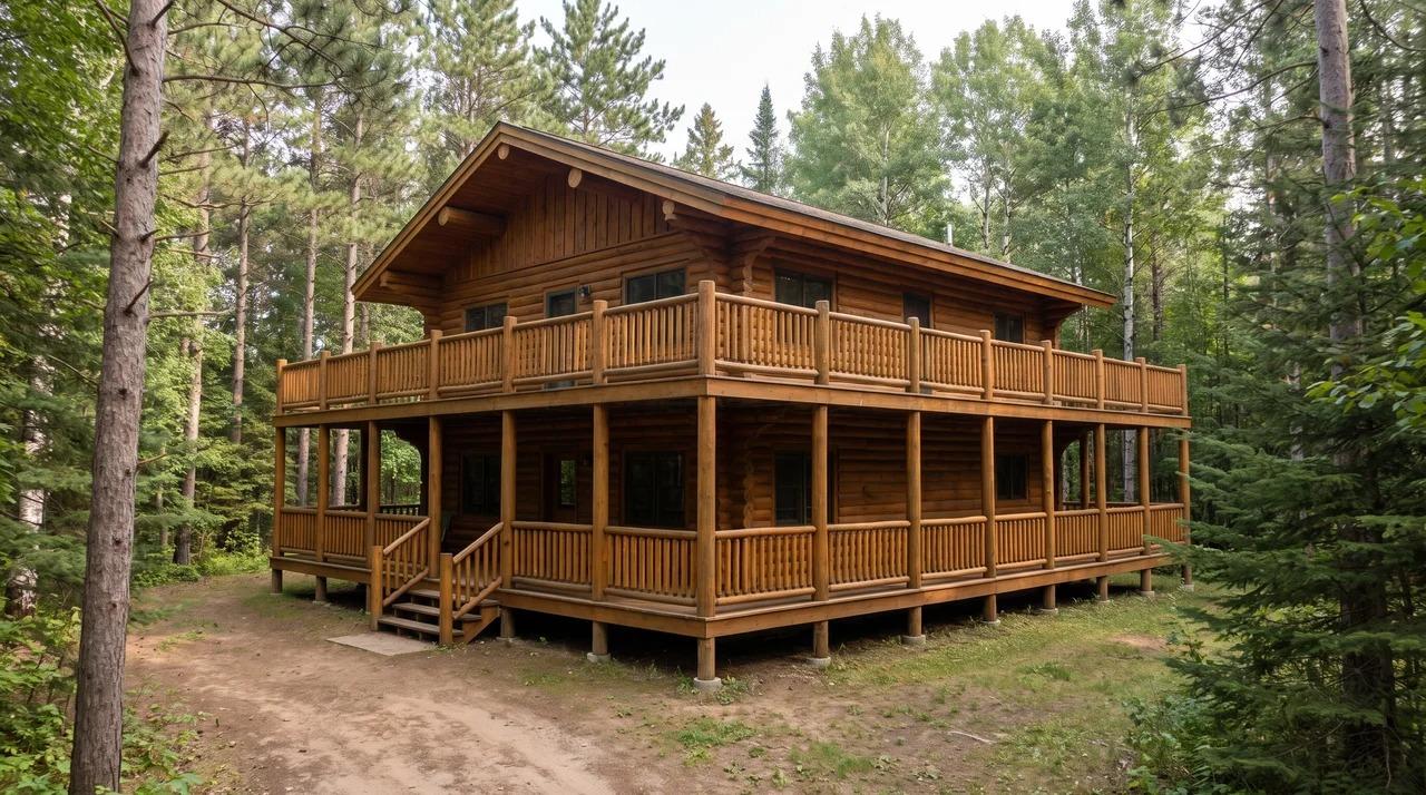 Wraparound wooden deck attached to a two-story log cabin surrounded by trees