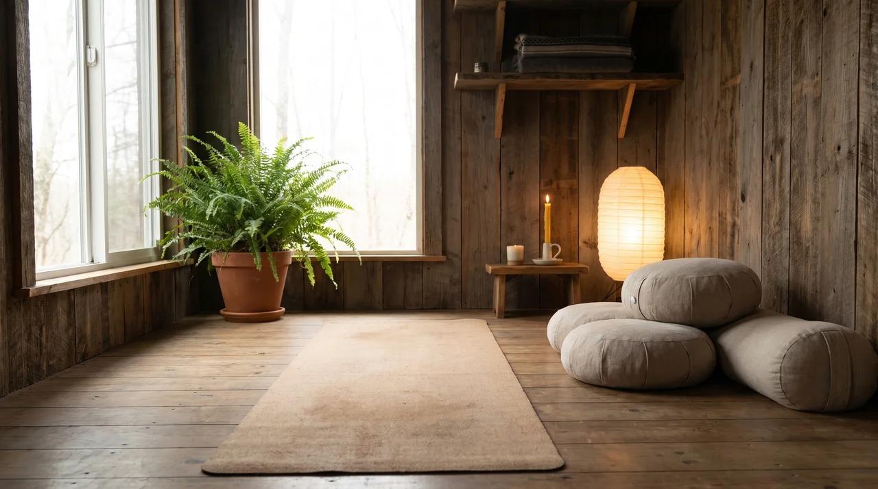 She shed yoga space with mat, cushions, lamp, plant, and candle