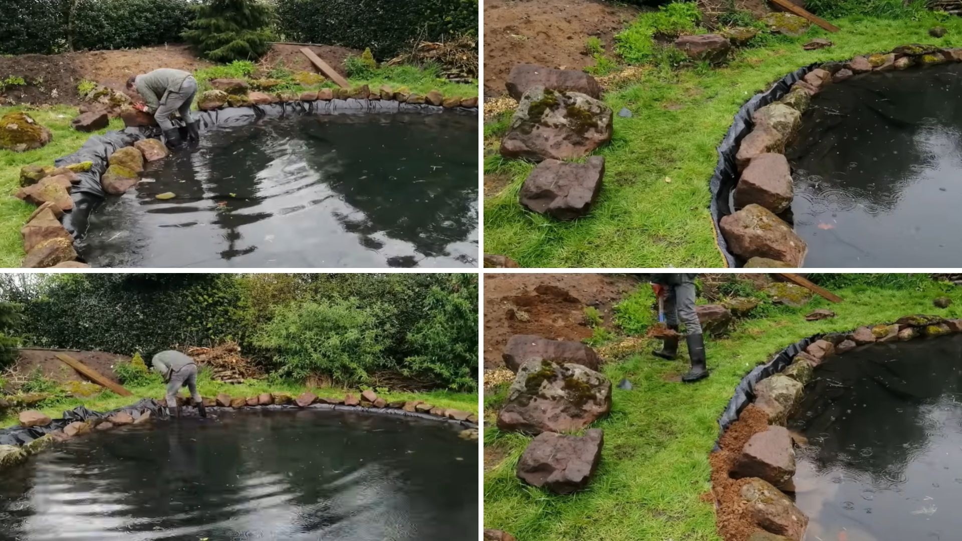 Four photos of a person placing moss-covered boulders along a black pond liner edge, with loose boulders and soil on grass