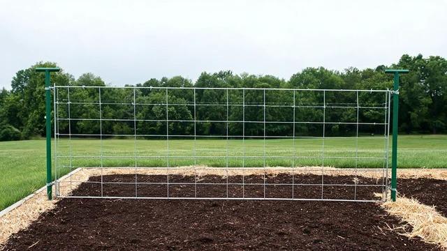 Wire cattle panel clipped to two T-posts with a gap of air under its bottom edge above bare garden soil