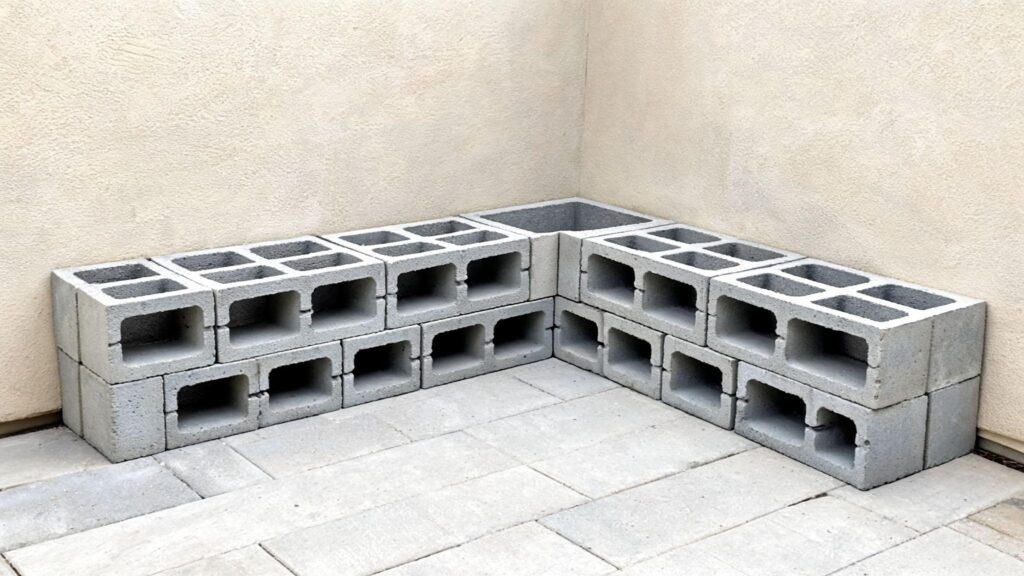 Raised garden bed made of stacked cinder blocks, two courses high, in a patio corner