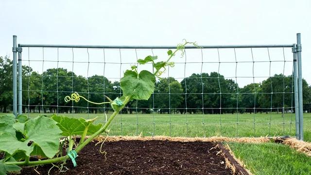 Climbing squash vine with green tendrils wrapped around cattle panel wires and one loose garden tape tie