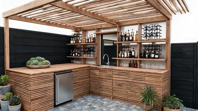 Corner outdoor bar with wood slat walls, L-shaped wood counter, steel fridge, sink, and shelves of bottles under a pergola