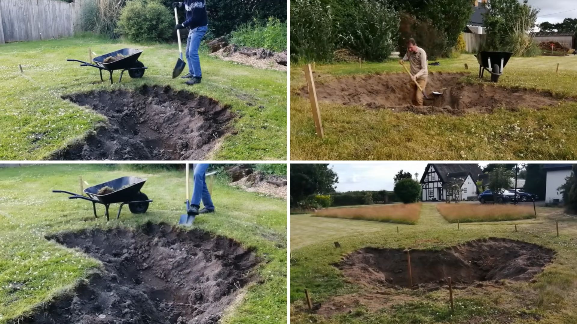 Four photos of a person digging an irregular pond hole in a lawn with a shovel, a black wheelbarrow, and wooden marker stakes