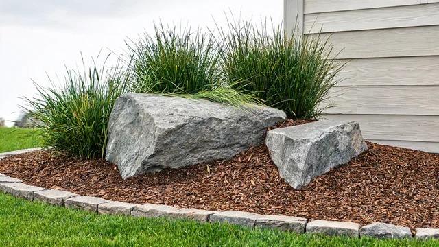 Partly buried gray boulder with a smaller matching rock, surrounded by mulch and ornamental grasses in a front yard bedFile name-partly-buried-boulder-natural-placement