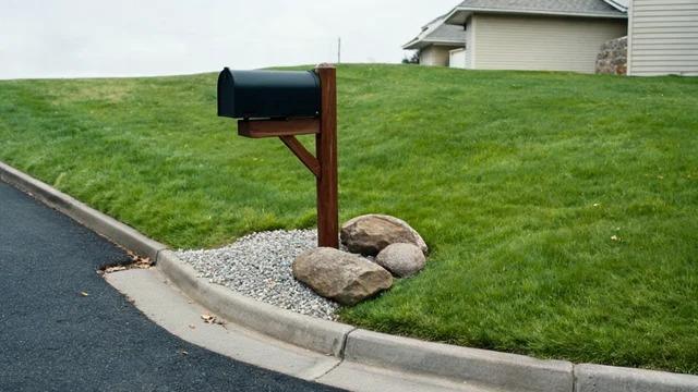 Mailbox post with two small fieldstones and gravel at its base at a curb corner beside a lawnFile name-mailbox-base-fieldstone-gravel