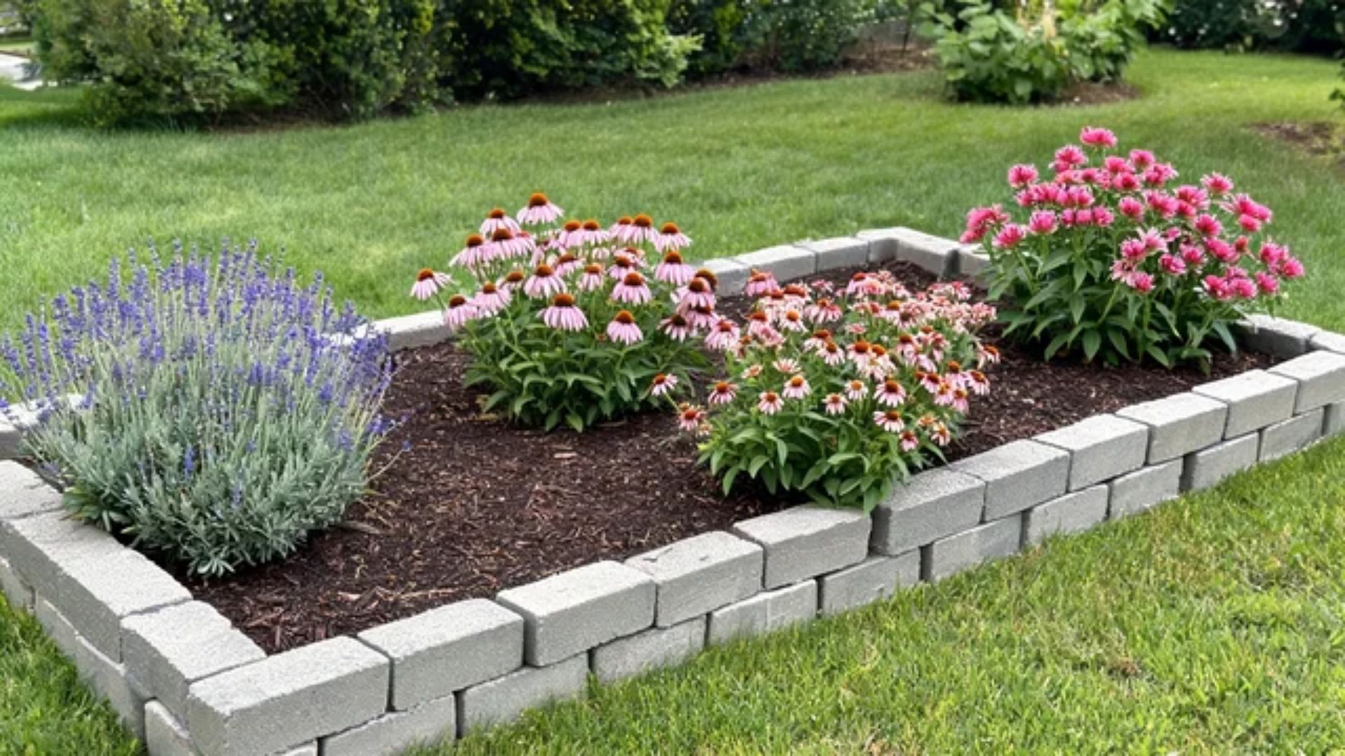 Cinder block edged bed with grouped patches of lavender, coneflower, and bee balmFile name-cinder-block-pollinator-flower-bed