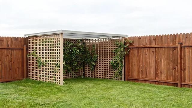 Backyard corner enclosed by two fences and two lattice walls with a light roof and a climbing vineFile name-corner-lattice-walls-cabana