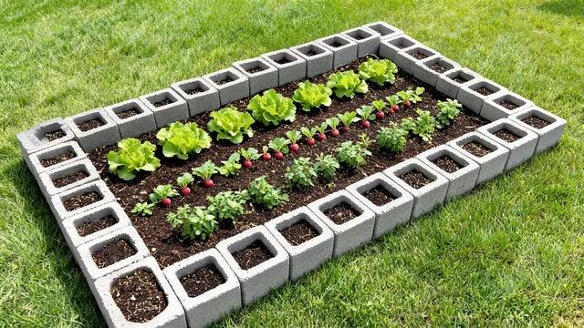 Rectangle of single-course cinder blocks on level ground filled with soil, lettuce, radishes, and herbsFile name-single-layer-cinder-block-raised-bed