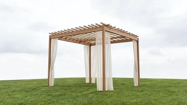Slim-framed pergola with a spaced slat roof and curtains on two sides on a backyard lawnFile name-slatted-roof-pergola-cabana