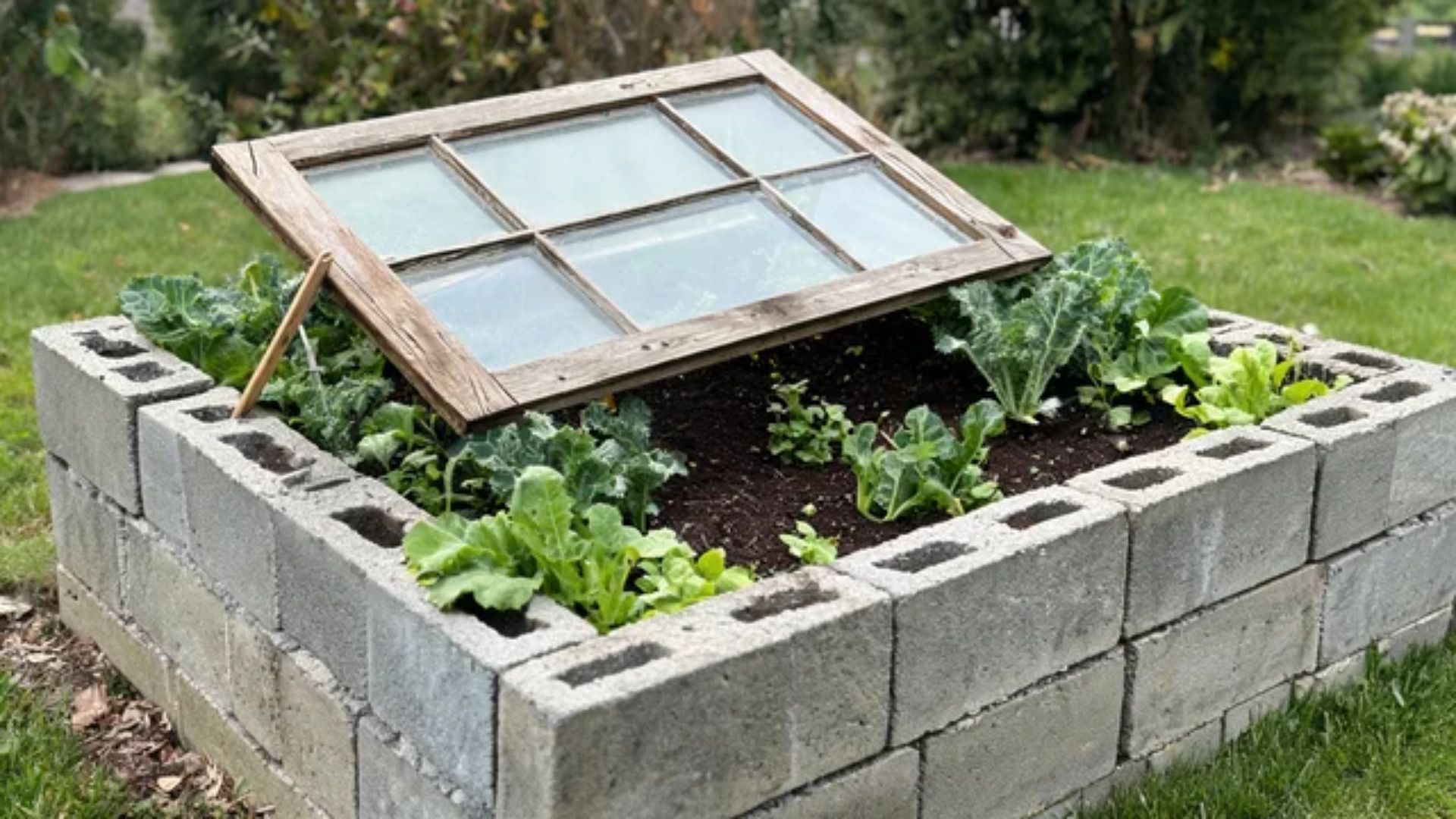 Cinder block frame with an old window lid propped open over seedlings and winter greensFile name-cinder-block-cold-frame-window-lid