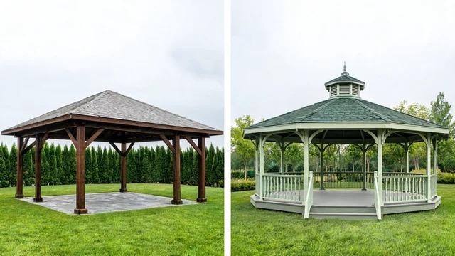 Split image of a dark timber pavilion with a hip roof beside a sage-green octagonal gazebo with a cupola on a lawnFile name-pavilion-vs-gazebo-yard-comparison