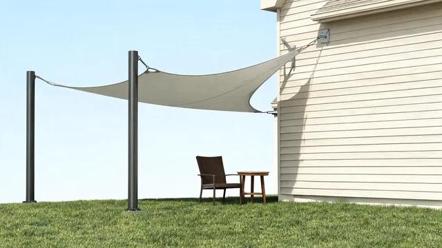 Fabric shade sail stretched between two posts and a house wall over one chair and a small tableFile name-shade-sail-two-post-cabana