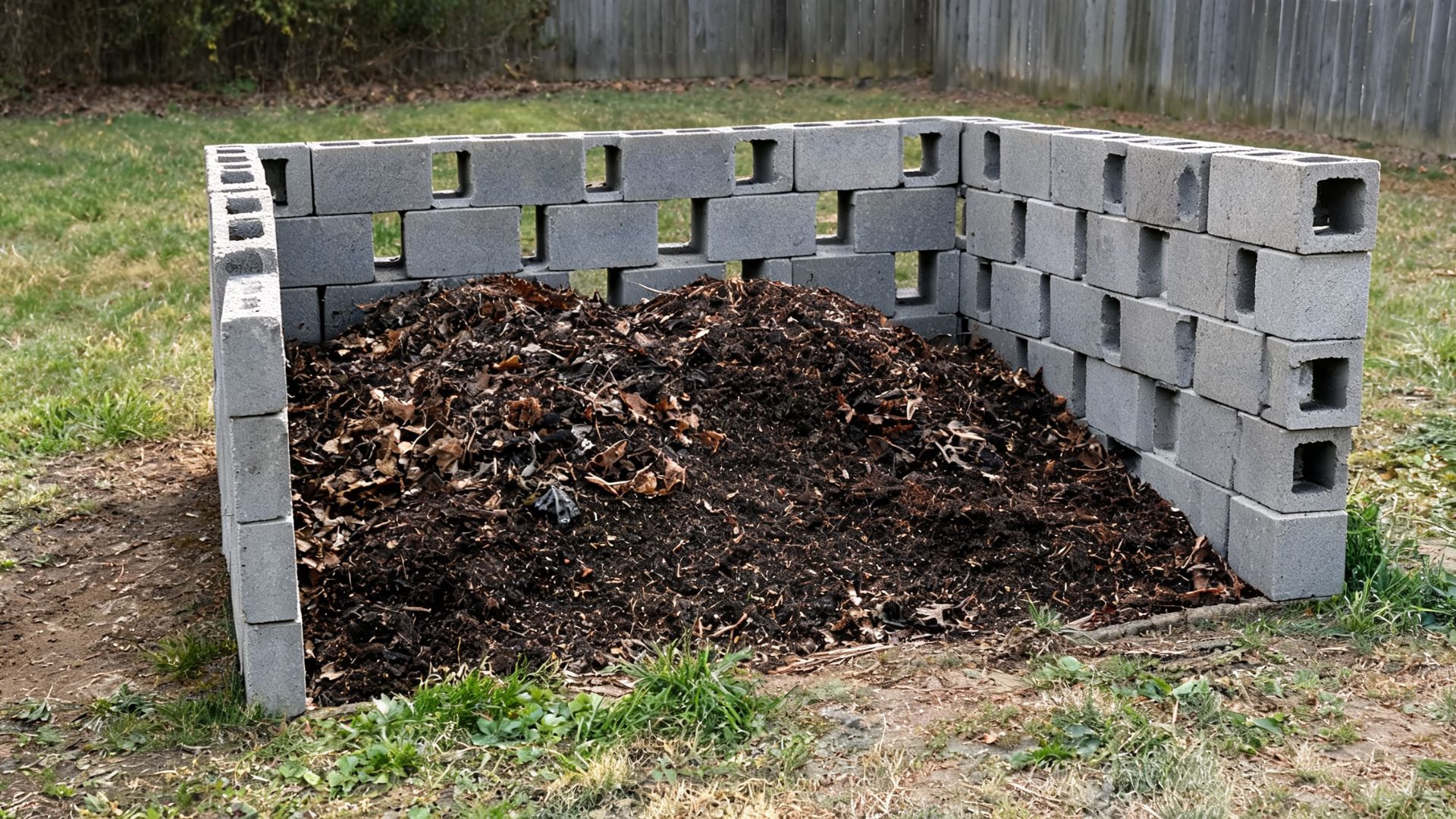 Cinder block compost bin with three stacked walls, an open front, small gaps between blocks, and a pile insideFile name-cinder-block-compost-bin-enclosure