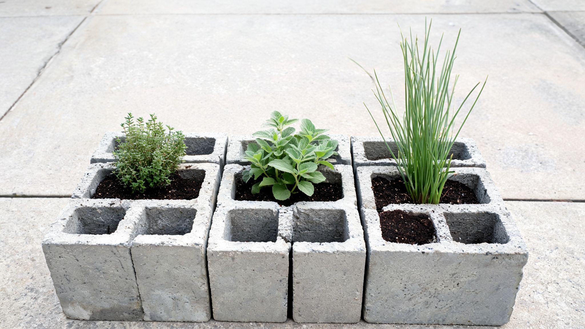 Cluster of upright cinder blocks on a patio with thyme, oregano, and chives growing in separate coresFile name-cinder-block-core-herb-garden