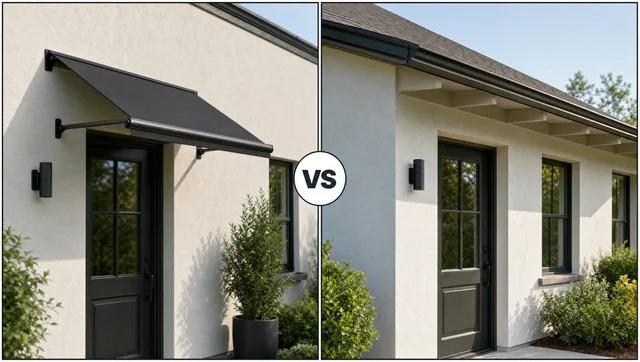 Split comparison with VS between a wall-mounted awning on the left and roof eaves above a doorway on the rightFile name-awning-vs-roof-overhang-eaves