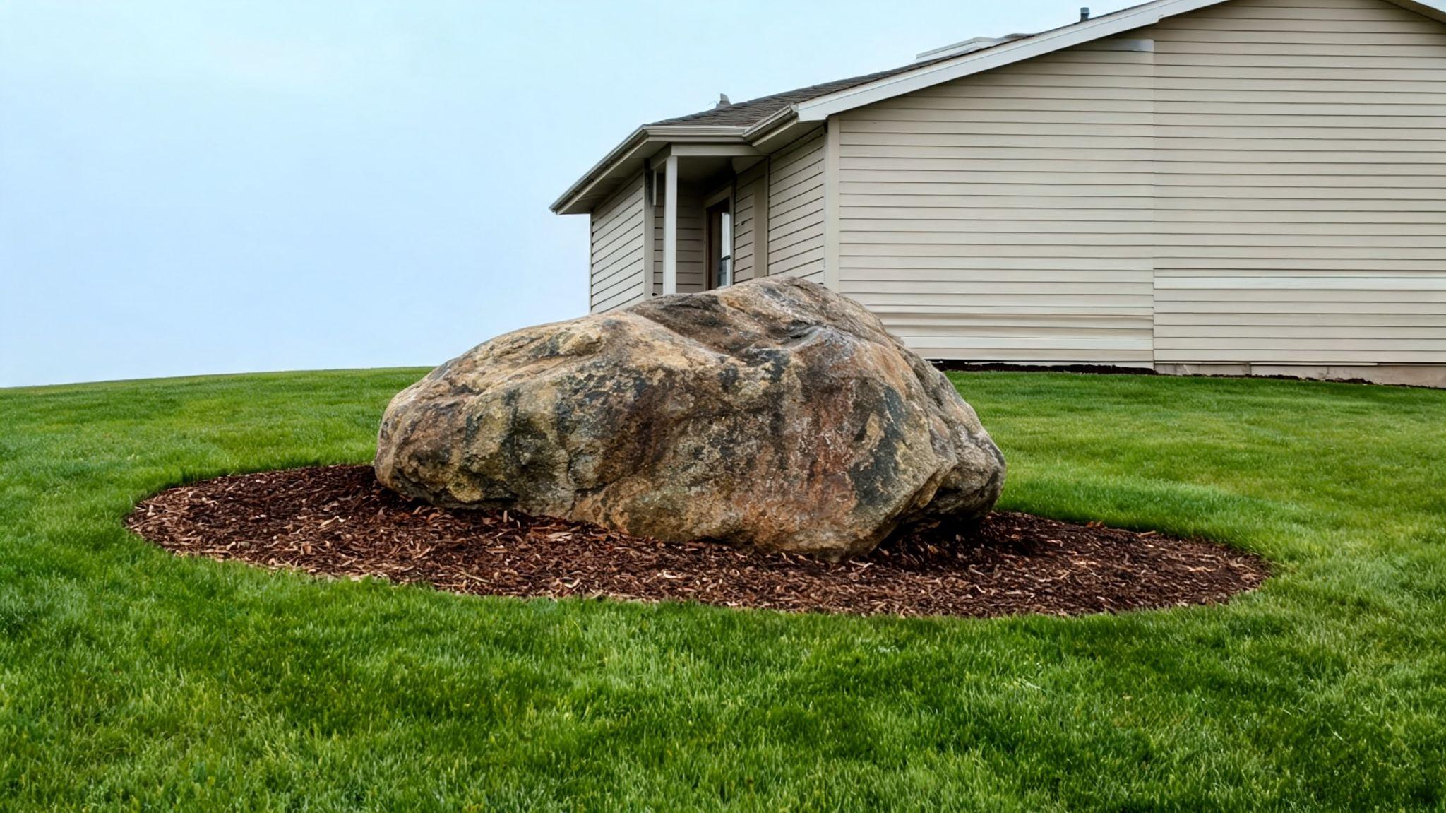 Single large weathered fieldstone boulder partly buried in mulch beside a lawn and house entryFile name-single-focal-boulder-front-yard
