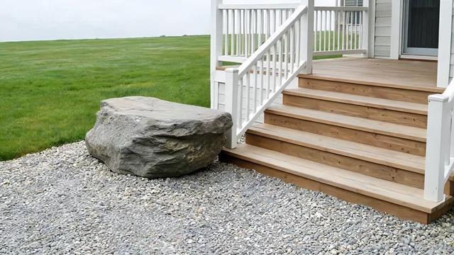 Flat-topped fieldstone boulder at knee height beside front porch steps on a gravel pathFile name-flat-boulder-seat-porch-steps