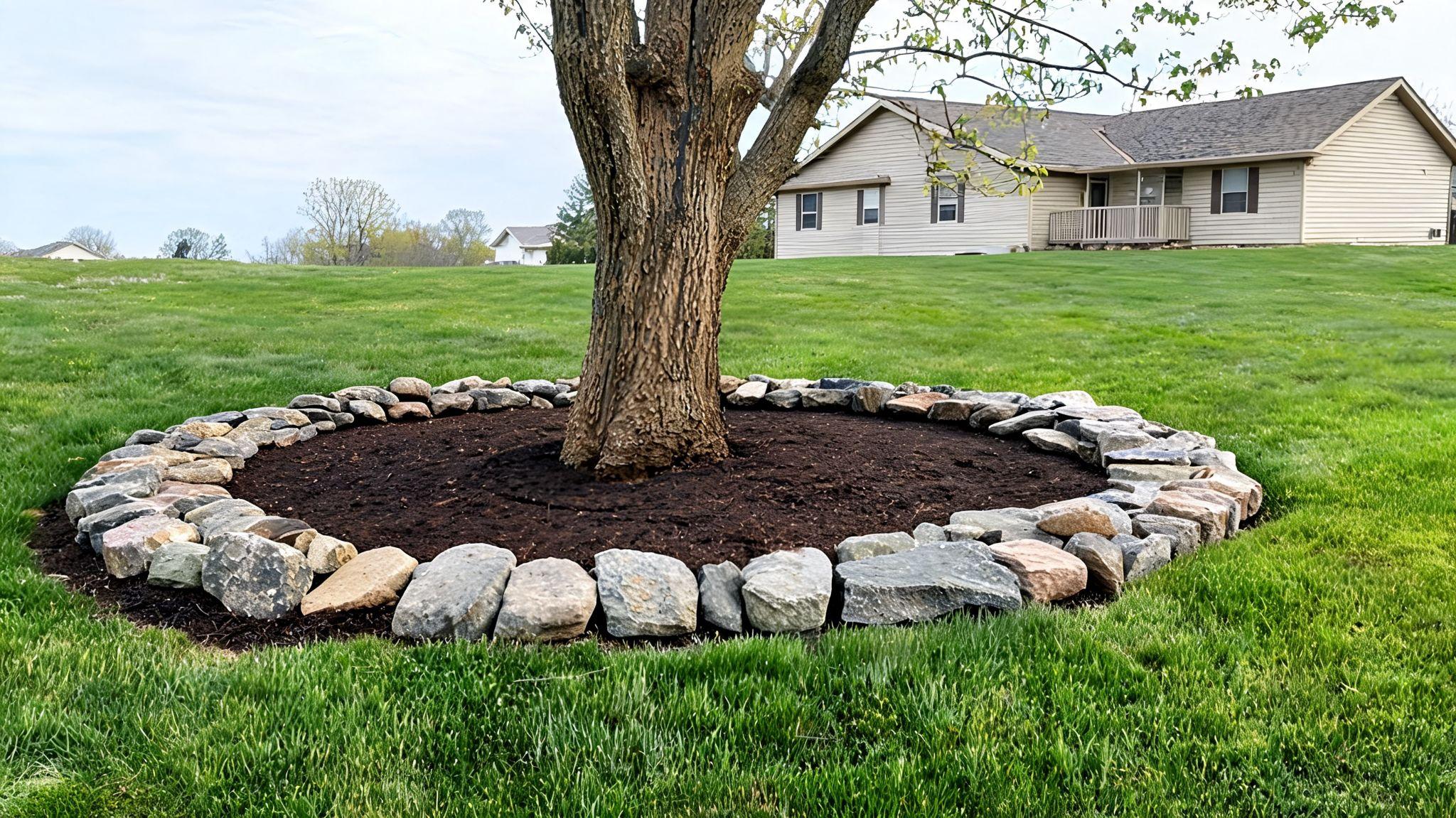 Ring of medium fieldstone around a tree base with a small gap at the trunk, set in a mown front lawnFile name-fieldstone-ring-front-yard-tree