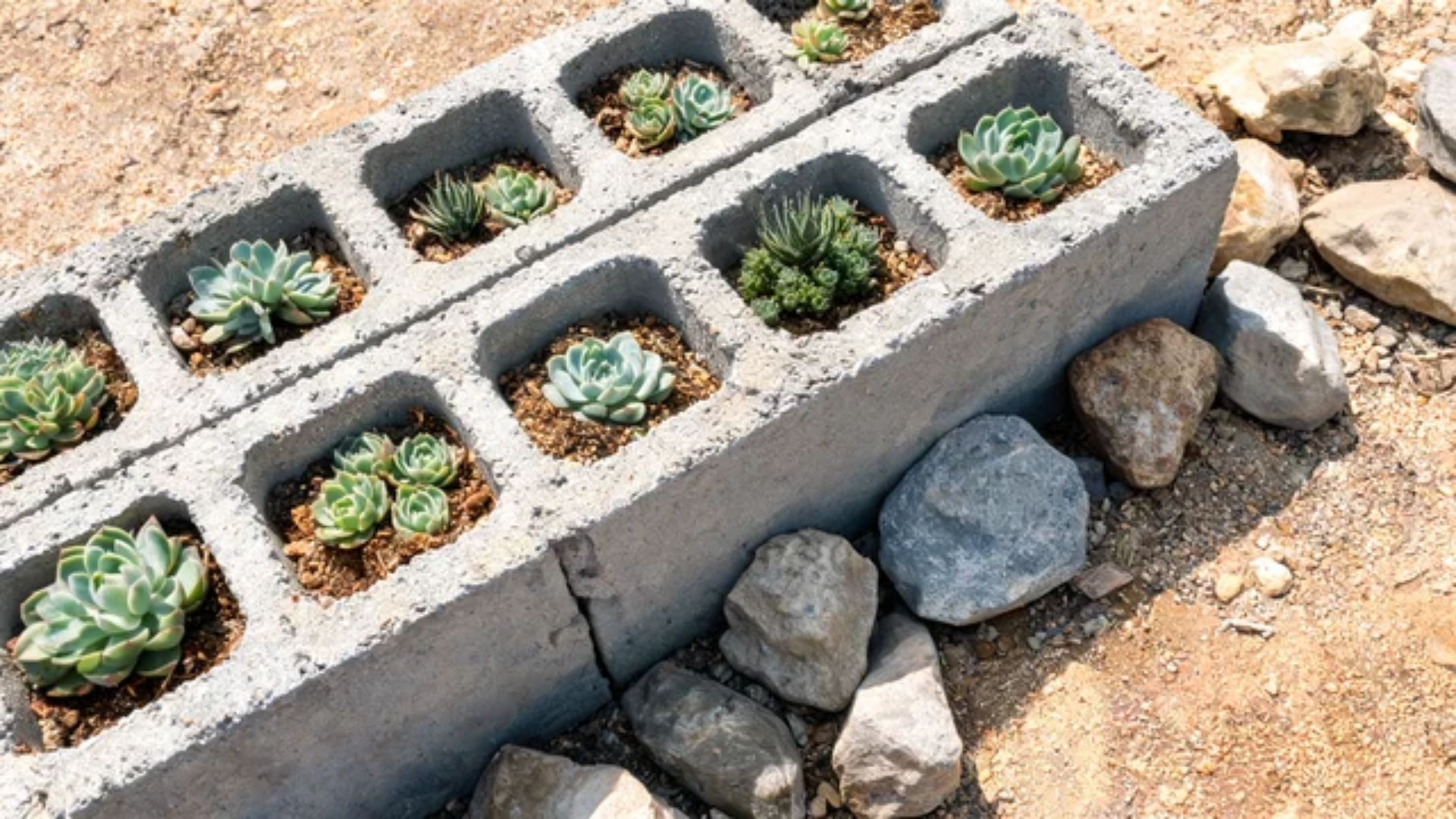 Succulents growing in cinder block cores beside a few rocks in a dry, sunny spotFile name-cinder-block-succulent-rock-garden