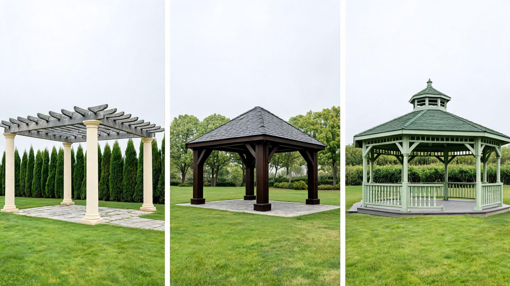 Three-panel collage of an open pergola, a gable-roof timber pavilion and a sage-green gazebo with a cupola on a lawnFile name-pergola-pavilion-gazebo-size-comparison