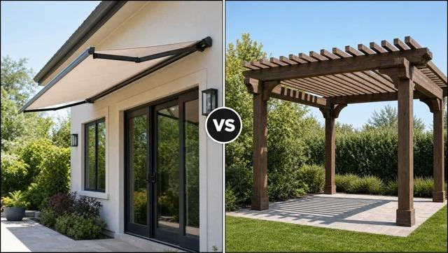 Split comparison with VS between a wall-mounted awning on the left and a pergola with slatted top on the rightFile name-awning-vs-pergola-beams-slatted-top