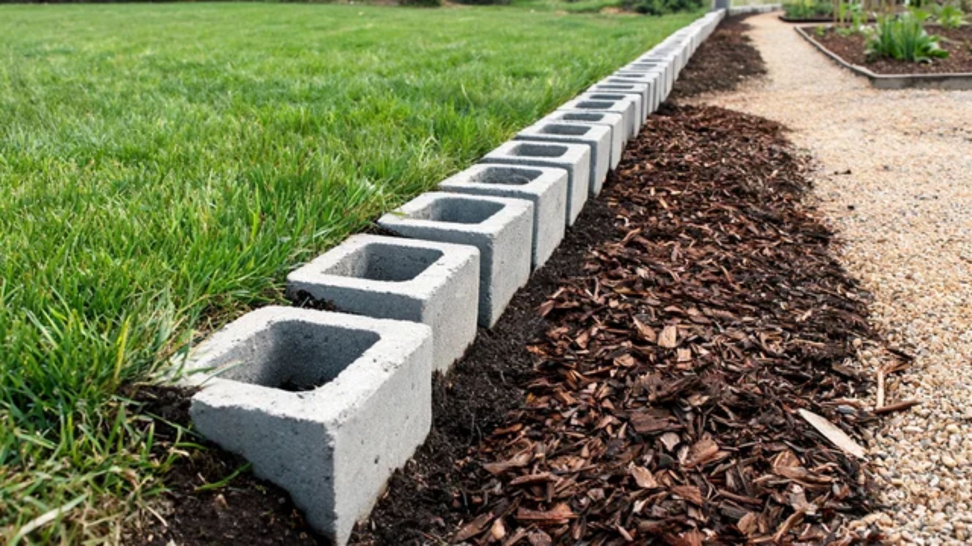 Row of cinder blocks sunk into the ground along a path, separating mulched bed from lawn grassFile name-cinder-block-path-and-bed-edging