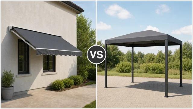 Split comparison with VS between a wall-mounted awning on the left and a freestanding canopy on the rightFile name-awning-vs-canopy-wall-mount-freestanding