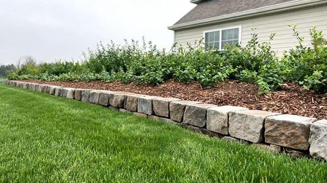 Flat-topped fieldstones of even height set tightly together as a border between a lawn and a mulched flower bedFile name-fieldstone-flower-bed-edging