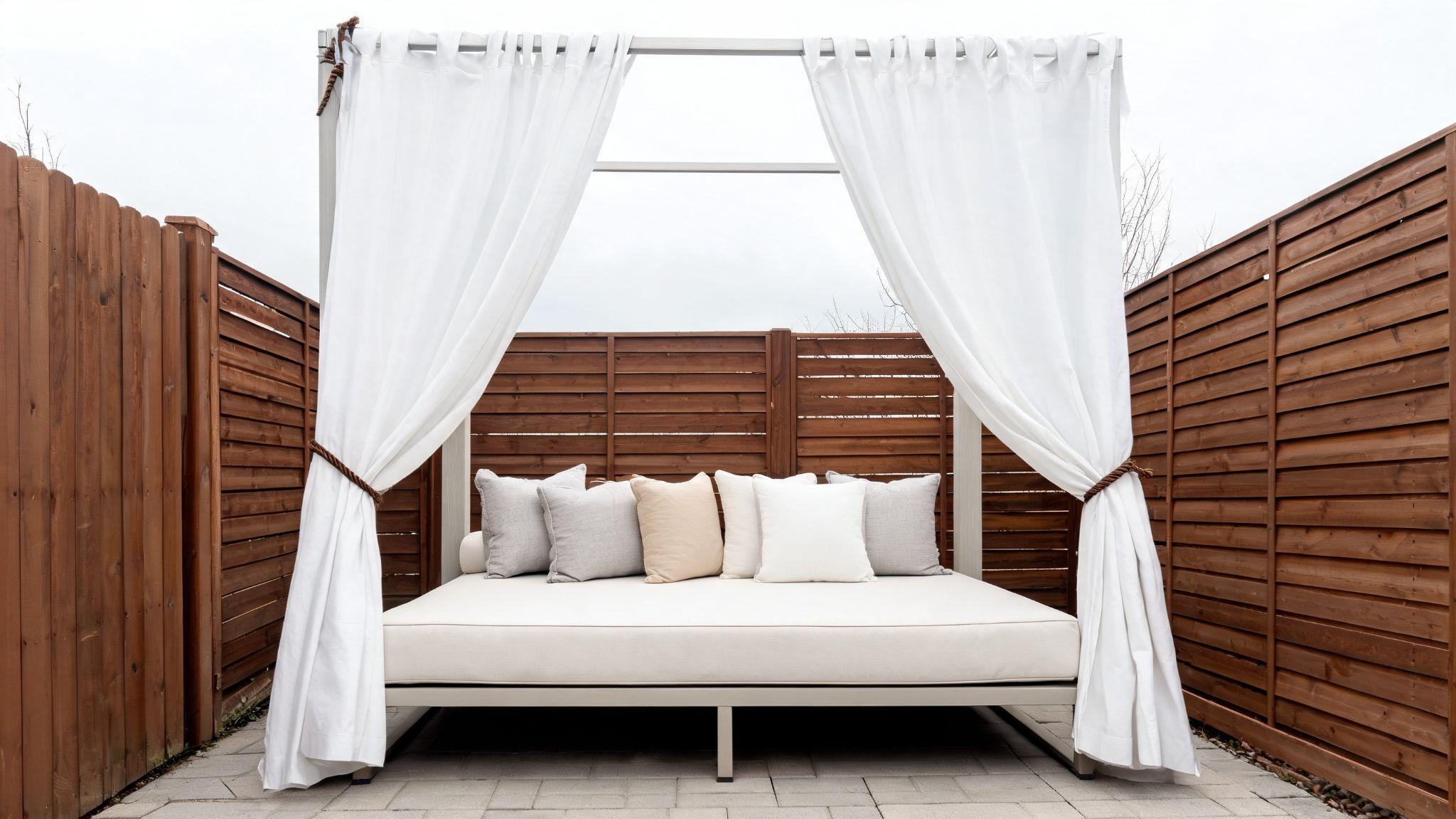 Twin daybed with throw pillows framed by tied-back white drapes in a small backyard nookFile name-curtained-daybed-backyard-nook