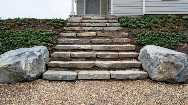 Thick flagstone steps with a boulder on each side leading up a sloped front yard to a house entryFile name-flagstone-steps-boulder-accents