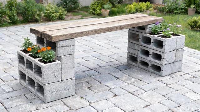 Bench of two cinder block stacks with thick boards across the top and plants growing in the end coresFile name-cinder-block-bench-planter-ends