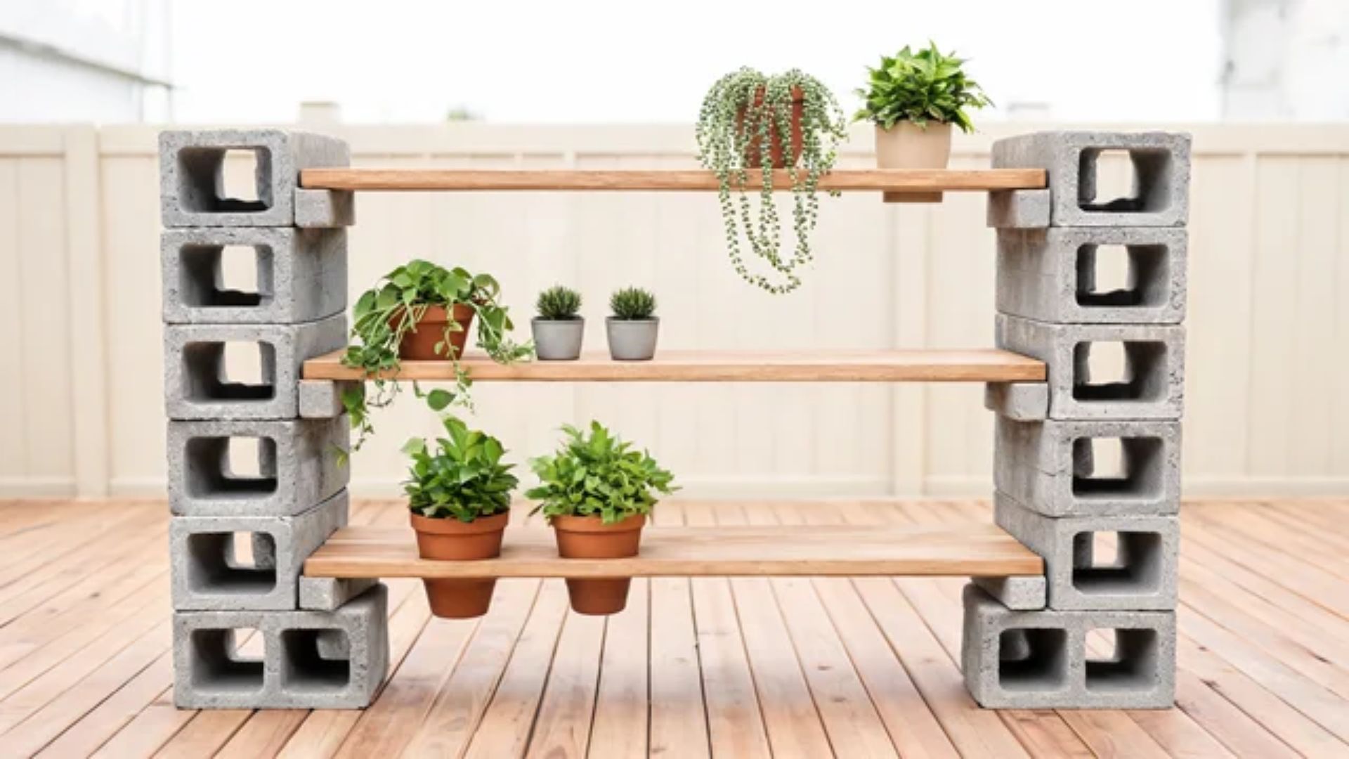 Cinder block and plank shelves holding potted trailing and upright plants at different heights on a patioFile name-cinder-block-plank-tiered-plant-stand