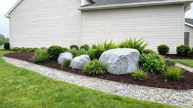 Three gray boulders of large, medium, and small size grouped in a front yard bed with ferns and grasses beside a two-story houseFile name-three-boulder-group-front-yard-sizes