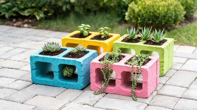 Group of brightly painted cinder blocks used as planters with plants growing in the coresFile name-painted-cinder-block-planters