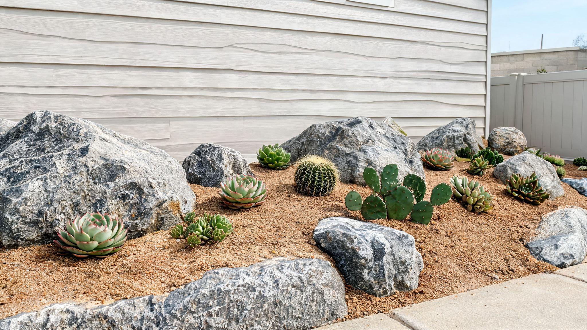 Succulents and cacti growing between rough quarried boulders in gritty soil in a front yard bedFile name-succulent-cactus-rock-garden