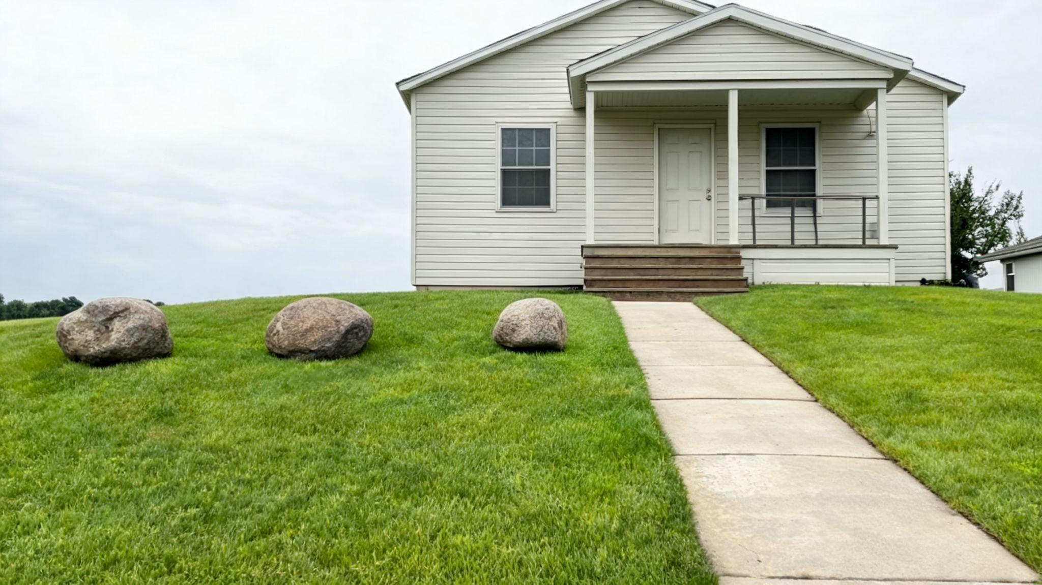 Two compact fieldstone boulders placed off-center in a small front lawn with open space around eachFile name-small-yard-compact-boulders