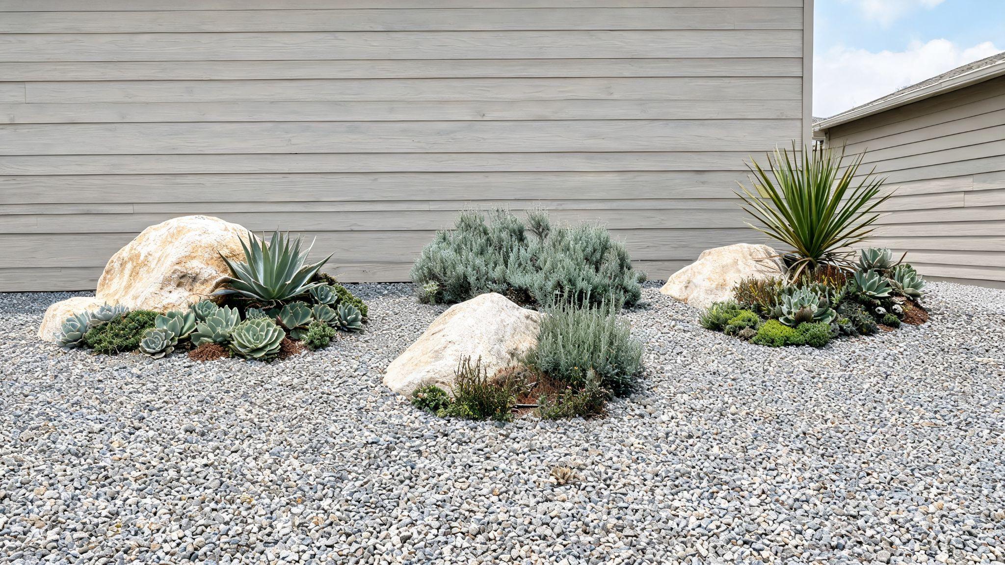 Xeriscape front yard bed with sun-bleached boulders, gravel mulch, and grouped hardy plantsFile name-xeriscape-boulders-gravel-front-yard