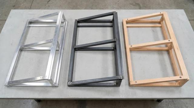 Aluminum, steel, and wood awning frame sections laid side by side on a flat surfaceFile name-awning-frame-materials-aluminum-steel-wood