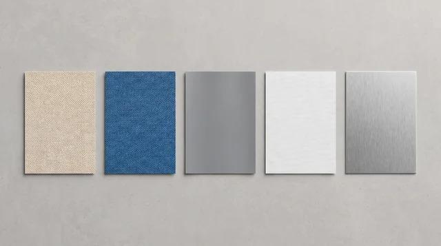 Canvas, acrylic, vinyl, and polyester fabric samples beside a metal sheet sample on a flat surfaceFile name-awning-cover-fabric-and-metal-samples