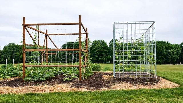 Wooden stake trellis with cross braces and yarn beside a ready-made metal trellis kit with young squash vines