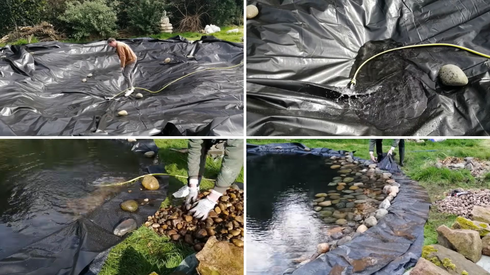 Four photos of a black pond liner with stones and a yellow hose filling it, then pebbles being placed along the liner edge