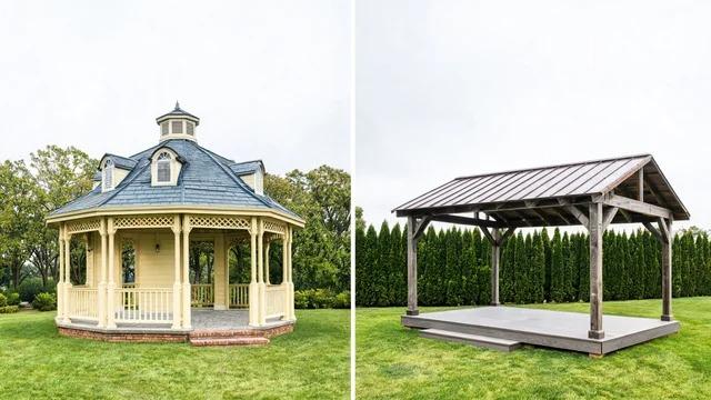Split image of an ornate yellow gazebo with a curved slate-blue roof and cupola beside an open timber pavilion with a gable roof